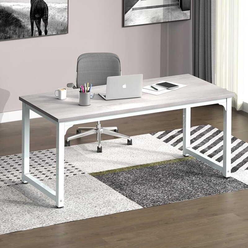 Extra 1" Thicker Wooden Tabletop and Black Metal Frame Computer Desk Gaming and Home Office Stone White Furniture