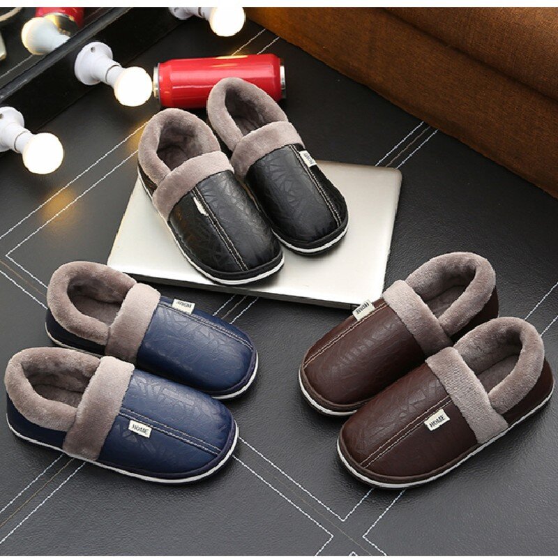 Big Size 50-51 Men Slippers Winter PU Leather Warm Indoor Waterproof Home Furry Flats Couples Slides Bedroom Non Slip Shoes