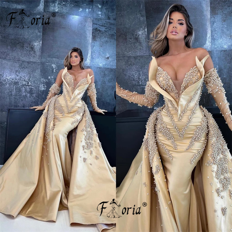 Gaun malam manik-manik mutiara Dubai, gaun pesta pernikahan putri duyung emas dengan rok panjang jubah Formal wanita Arab
