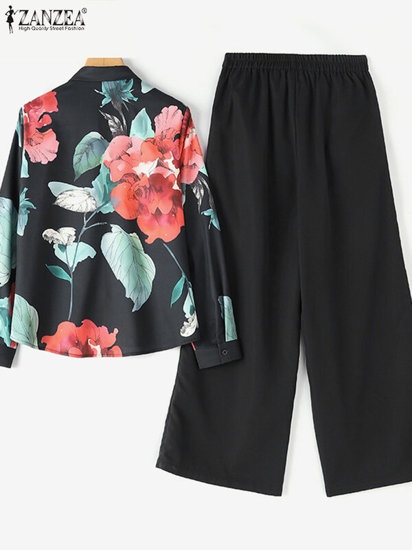 ZANZEA 긴 소매 셔츠 와이드 레그 바지 정장, 패션 여름 캐주얼 휴가 의상, 꽃 프린트 여성 운동복, 2 개