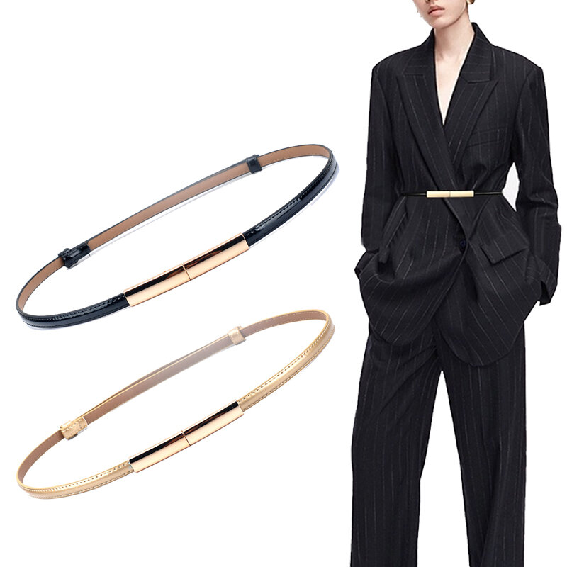 Sabuk Wanita tipis mewah baru Fashion warna permen kulit asli gesper logam emas untuk gaun Jeans dekoratif ikat pinggang wanita