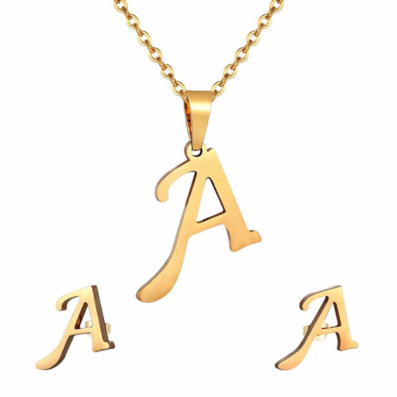 Mode Edelstahl A-Z Alphabet Initial Halskette 26 Englisch Brief Ohrringe Halskette Für Frauen Set Personalisieren Schmuck Geschenk