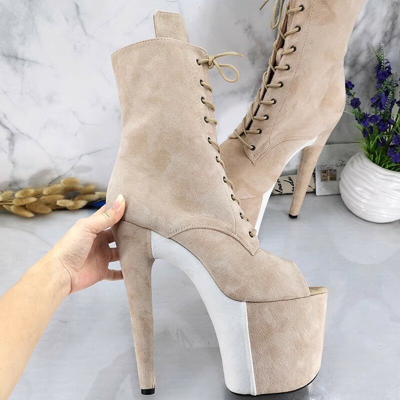 Auman Ale New 20CM/8inches Suede Upper Sexy Exotic High Heel Platform Party Women Peep Toe Ankle Boots Pole Dance Shoes 154