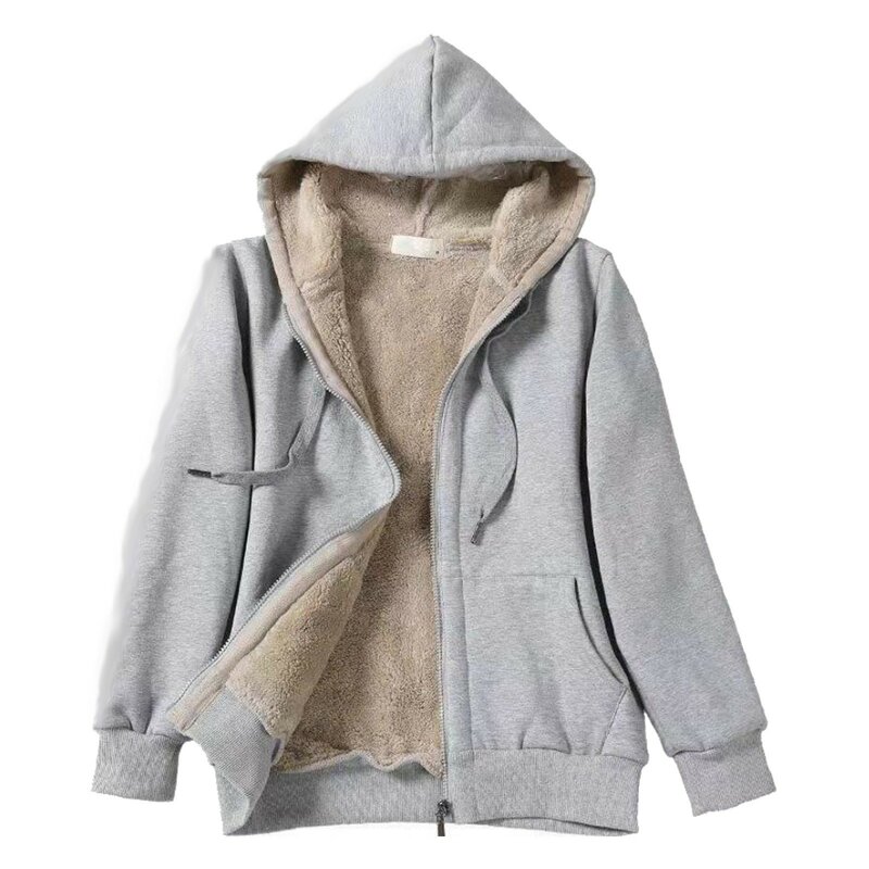Women's Fashion Long Sleeve Zipper Hooded Plush Composite Coat With Drawstring Solid Color Plush Soft Comfortable Overcoat