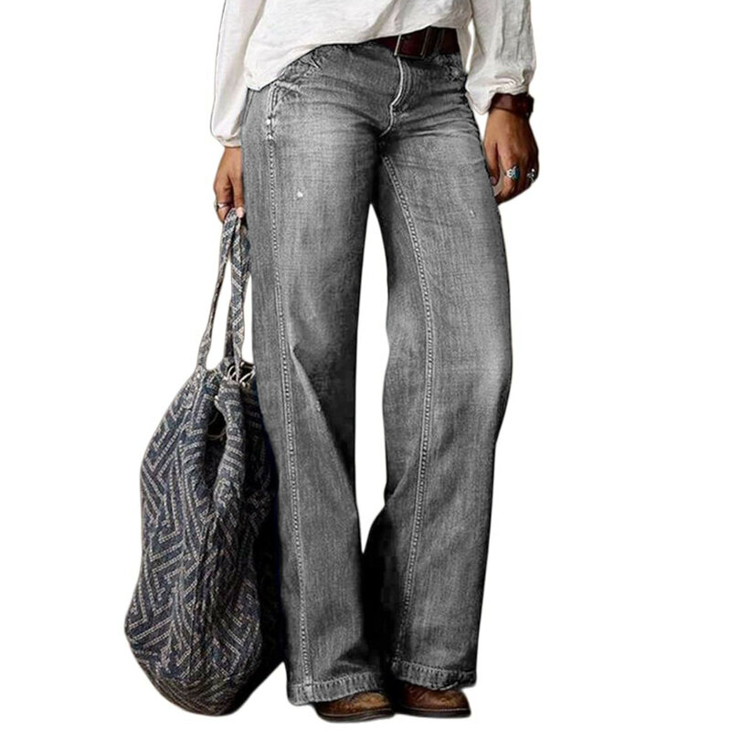 Celana Jeans wanita kasual modis penjualan laris, celana jins wanita kaki lurus lebar, pakaian luar pinggang tinggi musim semi/Panas 2024