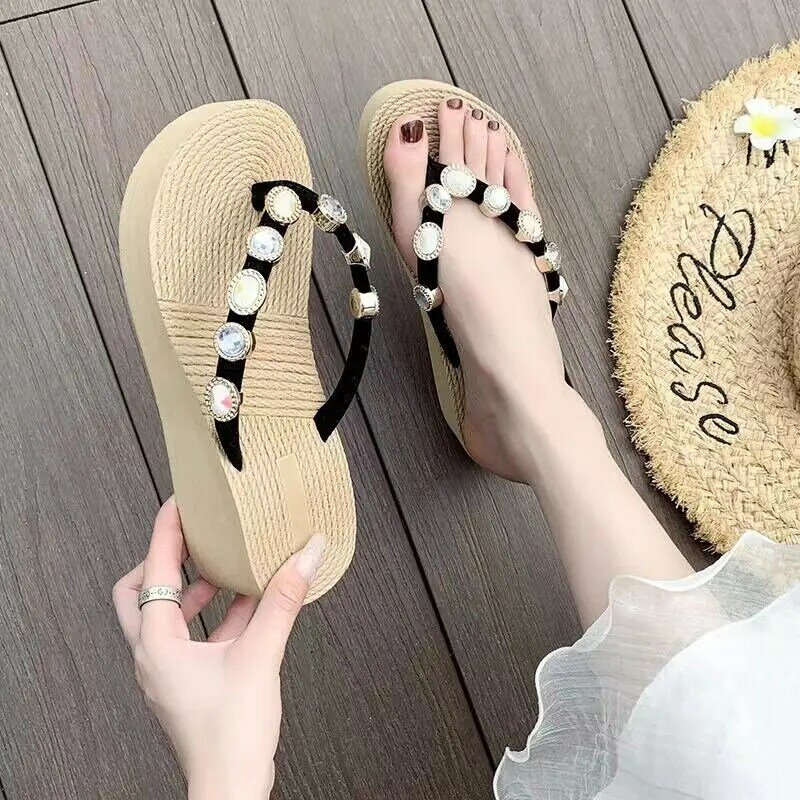 Sandal wedge Flip-Flop wanita, Kasut sol tebal 7cm Non Slip pantai luar ruangan musim panas