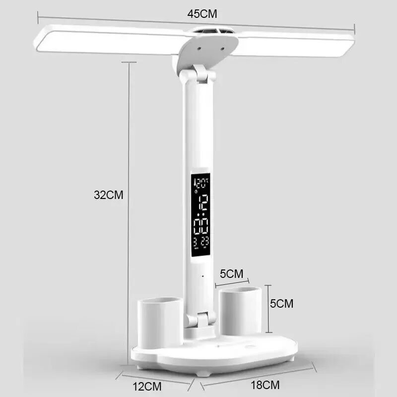 Lampe de table à horloge LED aste par USB, lampes de bureau à intensité variable, 2 têtes, rotation à 180 °, pliable, protection des yeux, veilleuses de lecture de bureau