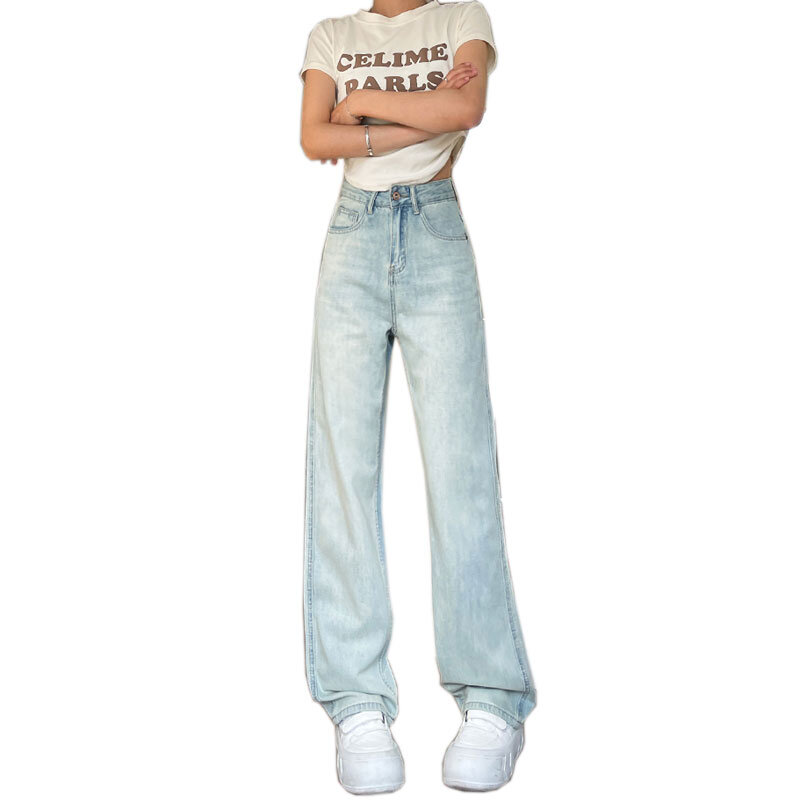 Pink label design new high-waisted small casual wide-leg jeans female loose niche drag straight long pants