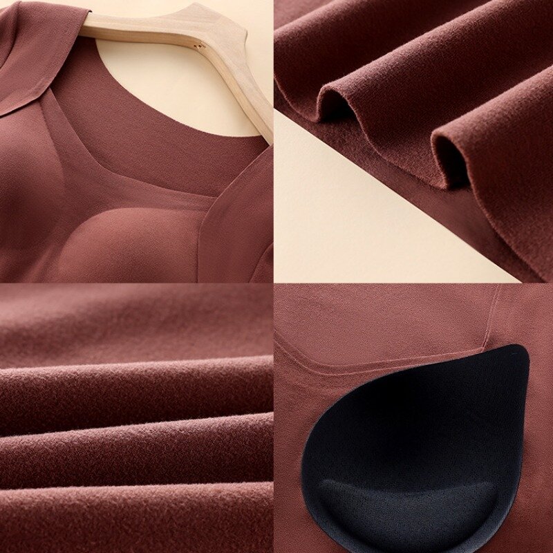 Women Thermal Underwear Autumn Winter Seamless Warm Top with Chest Pad High Elastic Slim Long Sleeve Thermostatic Base Shirt