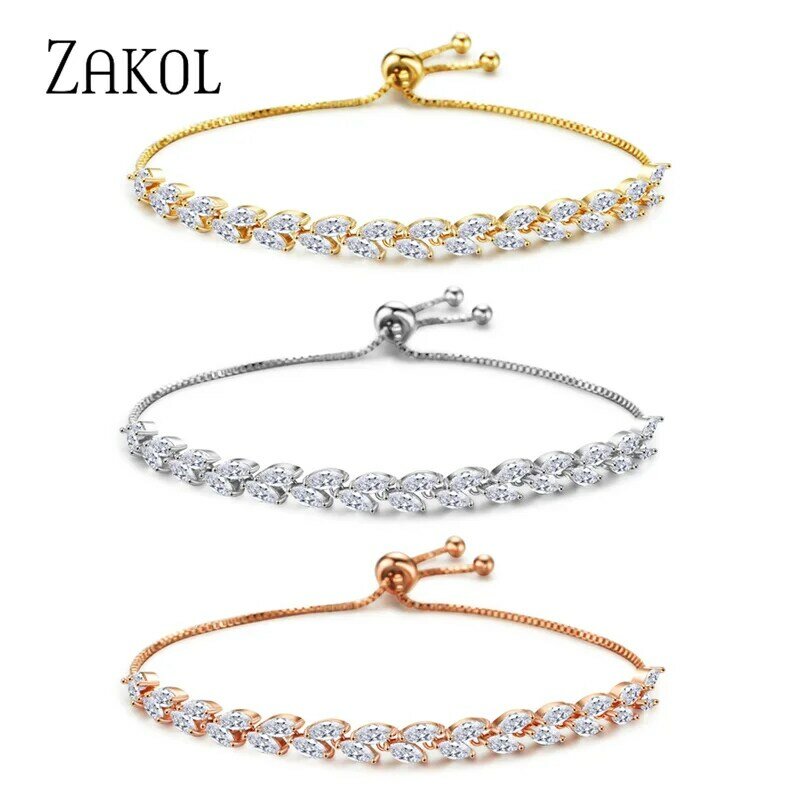 ZAKOL – Bracelets de mariée en feuille de zircone cubique pour femmes, Bracelet réglable en cristal de couleur or blanc, bijoux de mariage