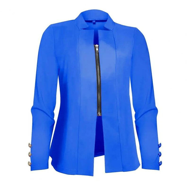 Setelan jas bisnis wanita, mantel pas badan profesional wanita dengan kerah berlekuk, ritsleting, warna polos untuk pakaian kerja