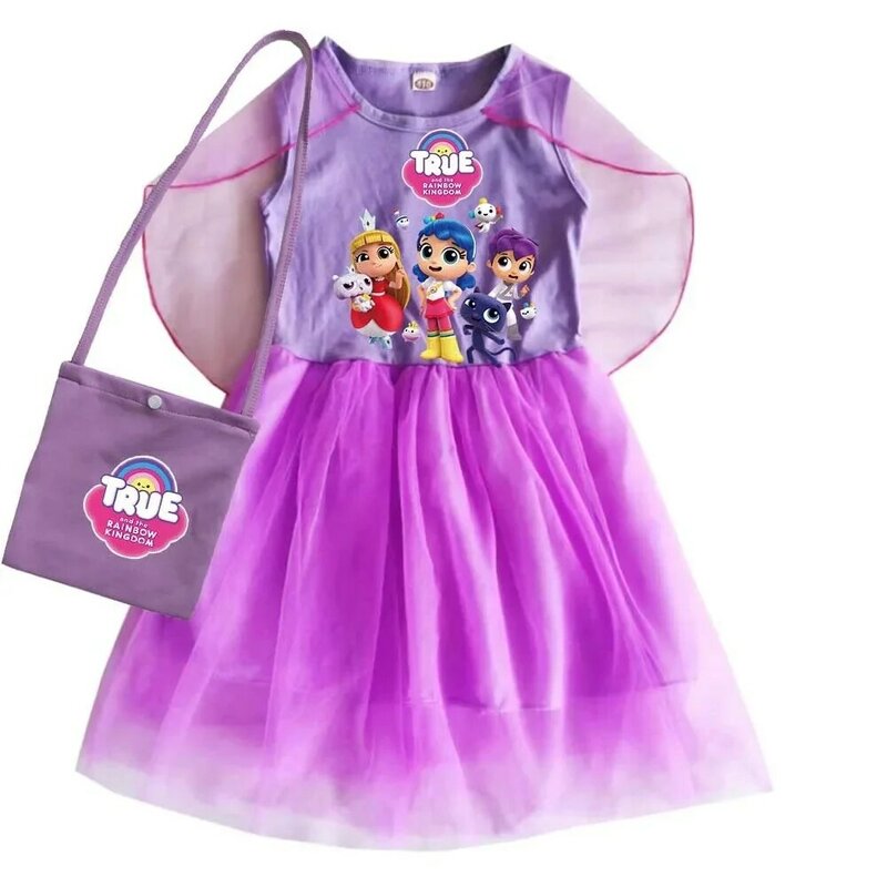 Vestido sem mangas True Rainbow Kingdom para bebês, roupas casuais dos desenhos animados para crianças, festa de casamento de Halloween, princesa vestido infantil