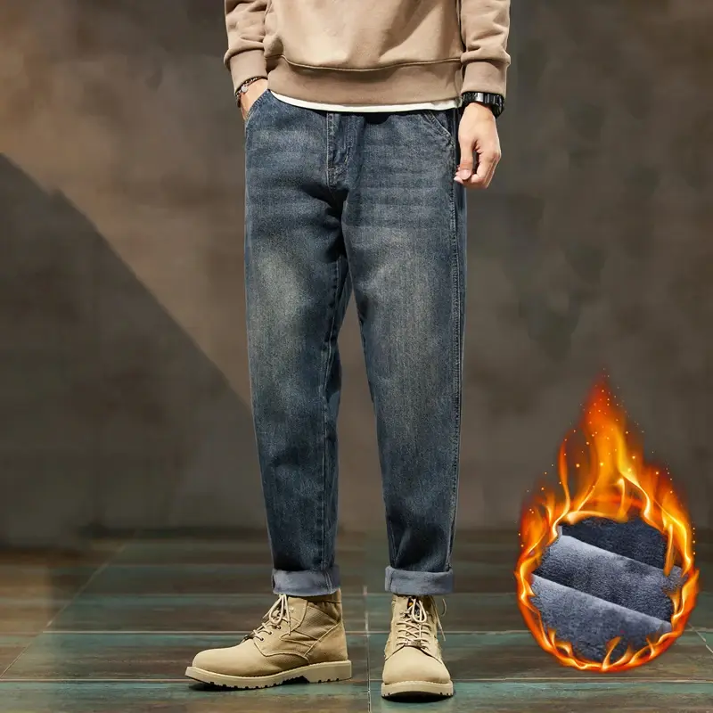 New Warm Jeans Slacks Blue Harem Pants Thickened Denim Trousers Fleece Loose Fit Winter Jeans Men's Oversized  Denim