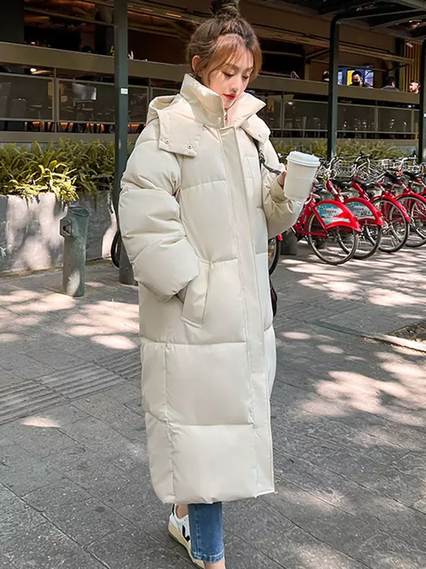 Derajat jaket parka panjang wanita, jaket parka panjang kasual berkerudung tebal hangat tahan angin mode pakaian luar R221 musim dingin