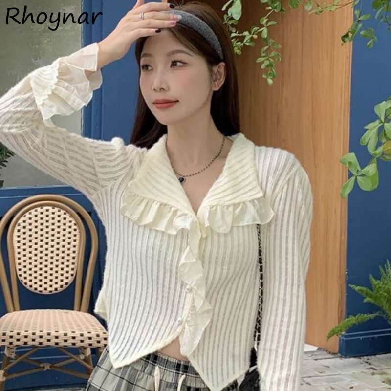 Женская Однотонная рубашка в полоску, однобортная свободная приталенная рубашка с длинными расклешенными рукавами, V-образным вырезом и кружевными оборками в Корейском стиле