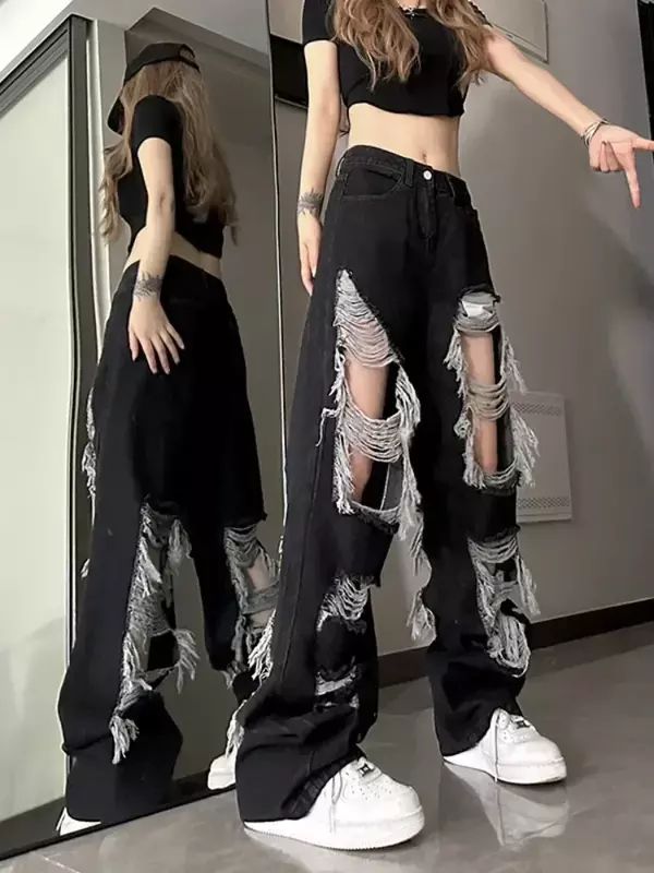 Porwane dżinsy dla kobiet z wysokim stanem, luźna odzież uliczna, spodnie z szerokimi nogawkami, spodnie jeansowe, moda Harajuku, czarny, Y2k, 2024