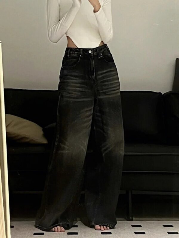 HOUZHOU-pantalones vaqueros de pierna ancha para mujer, Jeans holgados de gran tamaño, moda coreana, estilo Grunge Y2k, Hip Hop, color negro, Vintage