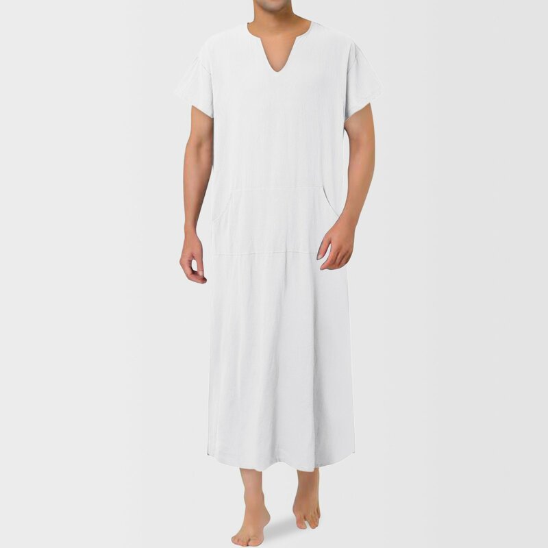 Mens Summer Simple Solid Muslim Robes Fashion Loose Short Sleeved V neck Thin Muslim Robes Shirts Islamic Arab Business Shirt