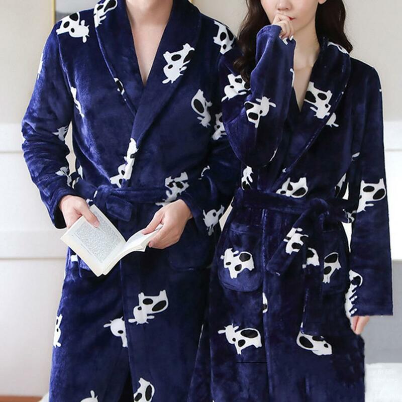 Men Winter Nightgown Thick Plush Unisex Coral Fleece Bathrobe Tie Waist Women Men Homewear Sleepwear Robe Bathrobe