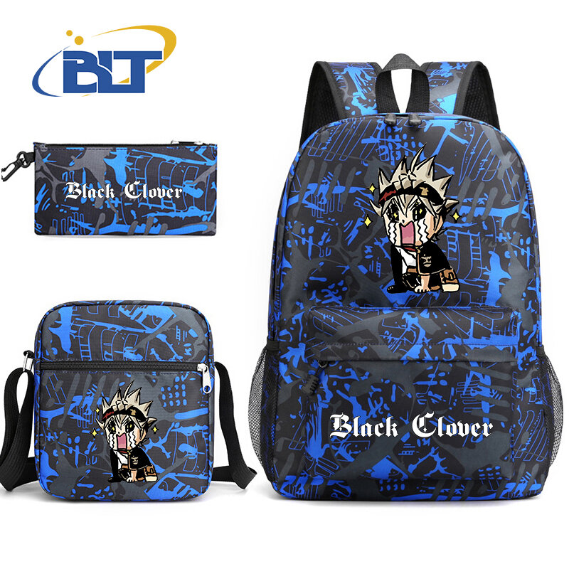 Black Clover Cartoon School Bag para crianças, mochila juvenil, bolsa de ombro, estojo para lápis, presente de volta à escola, 3 peças