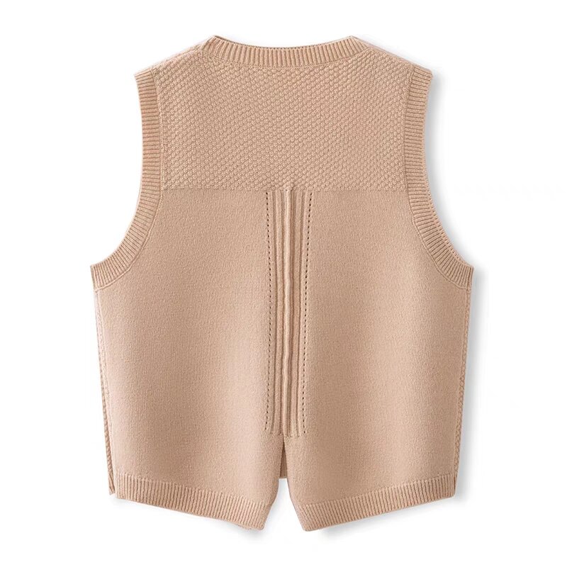 New Women's 100% pure wool round neck vest chic tuxedo vest autumn and winter sleeveless DIY vest loose short split knit sweater
