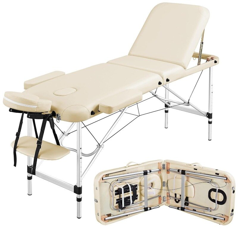 28“ Wide Massage Tables Portable Tattoo Table Adjustable Lash Bed Aluminium 3 Folding Spa Bed with Non-Woven Bag
