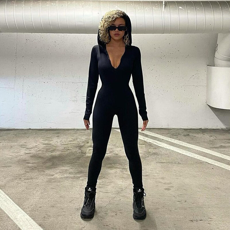 สีดำ Hoodies Jumpsuits หนึ่งชิ้นแขนยาว Bodycon Casual กางเกงเข้ารูป2022แฟชั่นสำหรับผู้หญิงเสื้อผ้า Streetwear