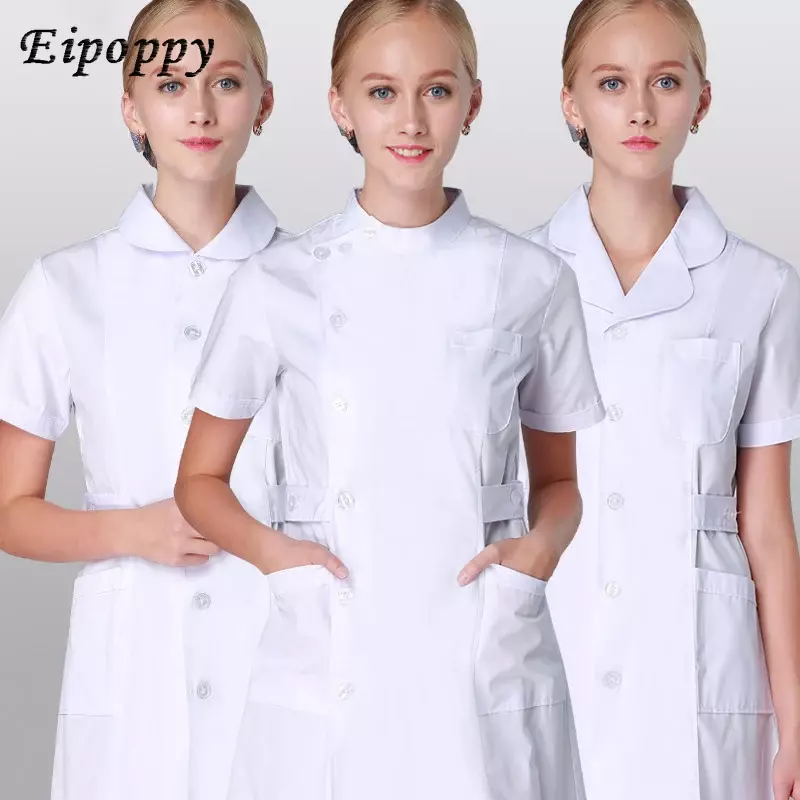 Comprimento total das mulheres de enfermagem esfrega uniformes, vestido branco robe, jaqueta de comprimento total, SPA esteticista trabalho veterinário usar uniforme