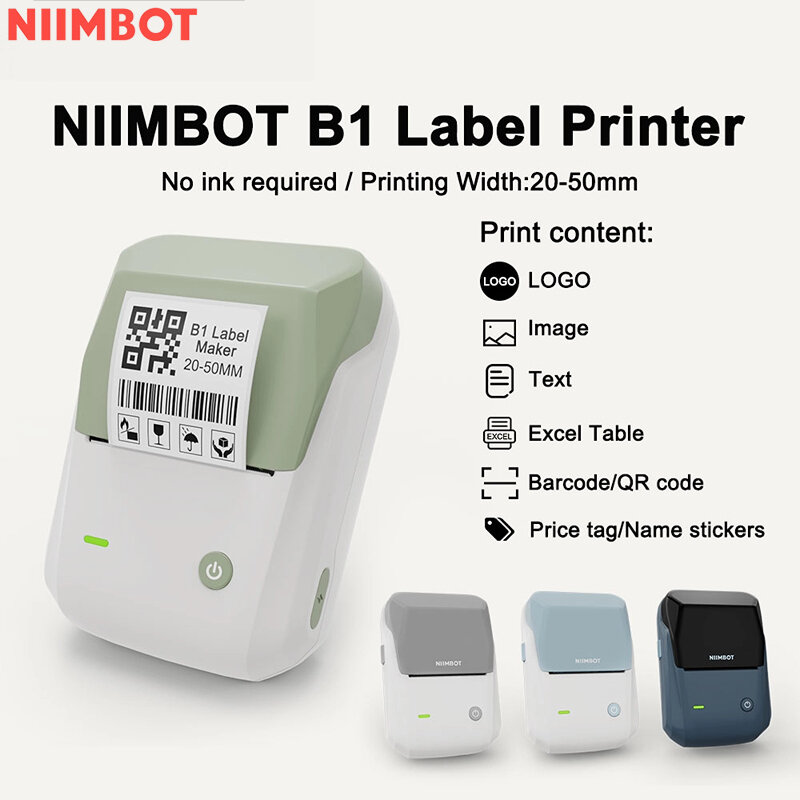 Impressora de etiquetas portátil inteligente NIIMBOT B1 Impressora térmica Inkless, 20-50mm