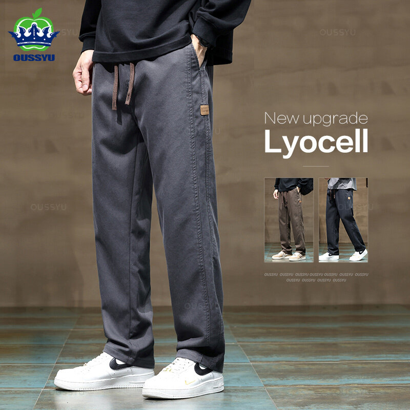 Calça solta casual masculina, roupas de marca, tecido lyocell macio, cordão reto, elástico na cintura, Coreia, plus size 4XL
