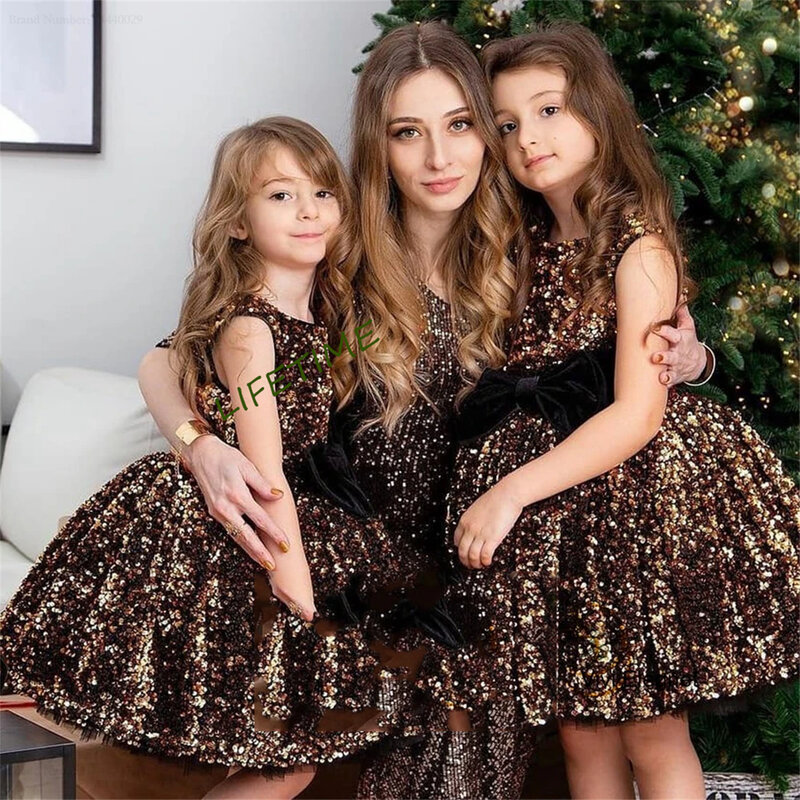 Gaun anak perempuan berpayet coklat gaun Bitthday tanpa lengan gaun Natal sendok tari Tutu dengan busur hitam