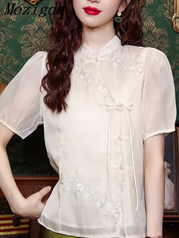 Camisa de gasa de encaje de manga corta para mujer, blusa holgada con bordado Floral, estilo chino, moda de verano