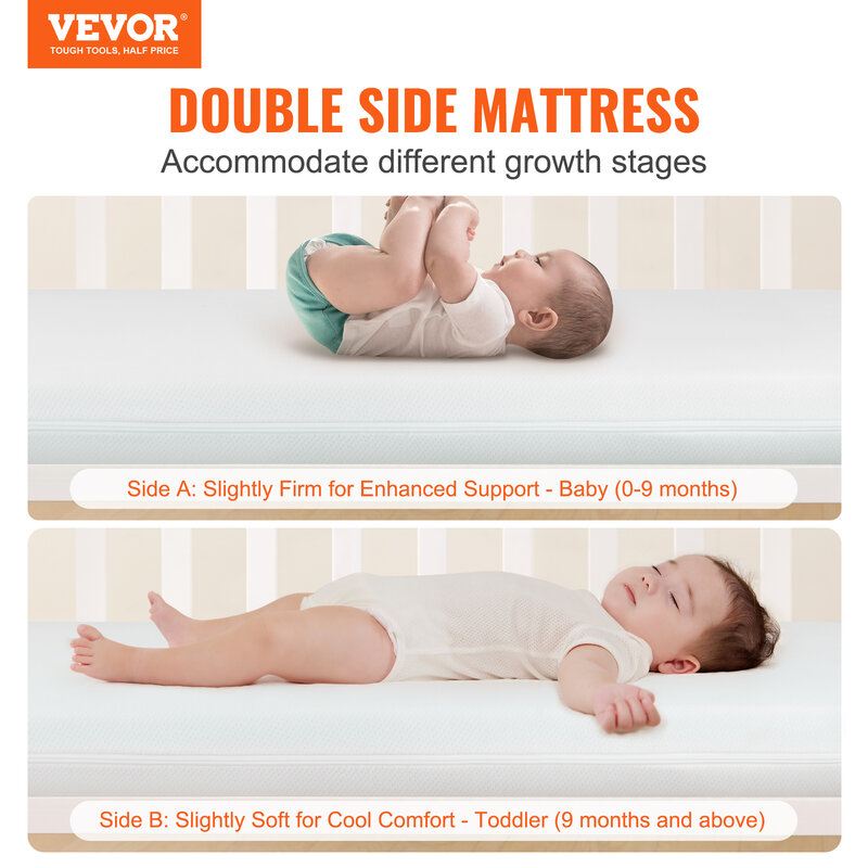 Матрас для детской кроватки VEVOR, двухсторонний дышащий матрас для малышей из пены с эффектом памяти, детский матрас толщиной 3 дюйма для младенцев и малышей