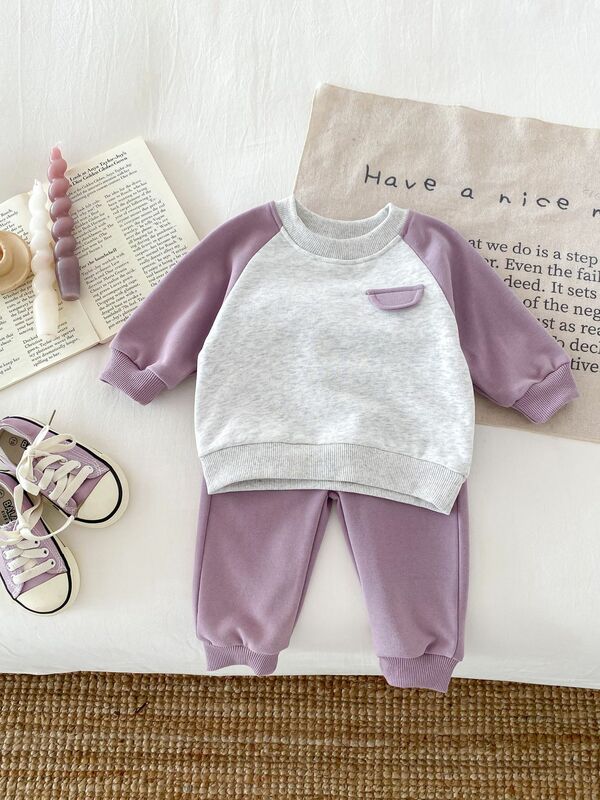 2024 Frühling neue Baby Langarm Kleidung Set Kleinkind Junge Mädchen Patchwork Sweatshirt Freizeit hose 2 stücke Baby Baumwolle Outfits