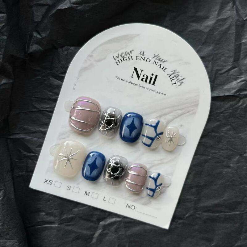 10PCS Handmade Blue Short Round Press on Nails y2k Cyber Design Reusable Adhesive False Nails with Art Reusable Adhesive Tips