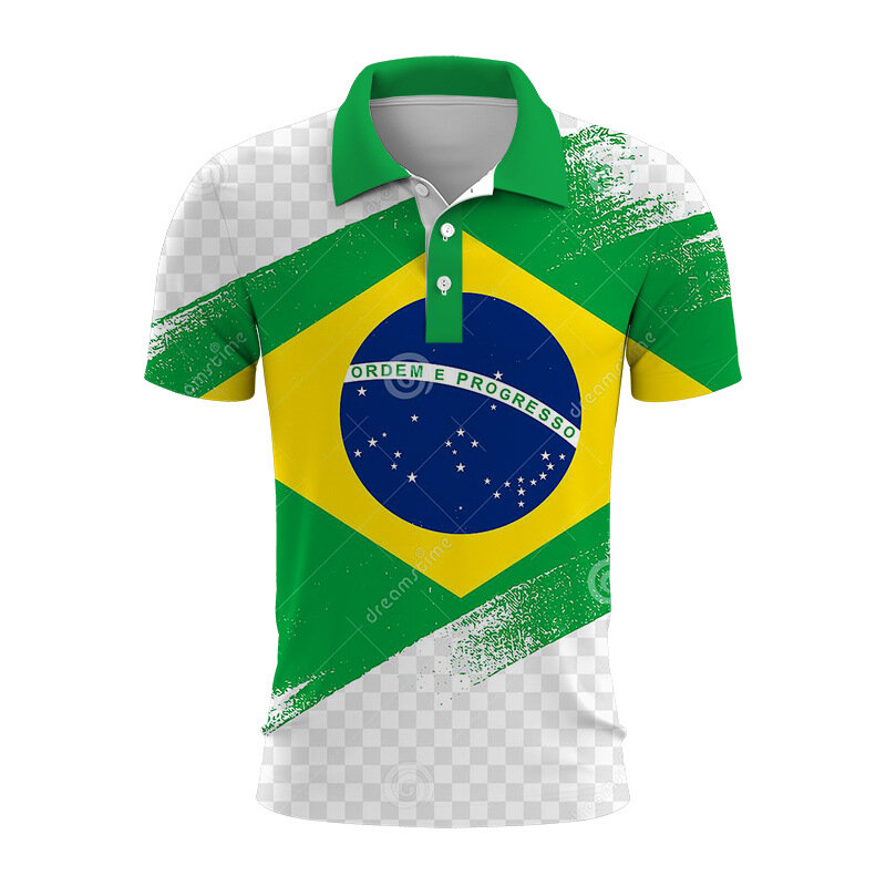 남성용 브라질 국가 상징 3D 프린트 단추 다운 칼라 폴드, 오버사이즈 반팔, 캐주얼 상의, 트렌드 남성 의류, 여름