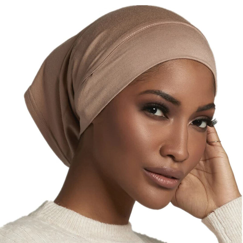 Jilbab wanita, dalaman syal Islam warna polos dengan lubang telinga topi bandana untuk kerudung