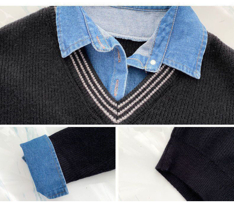 Faux pull tricoté en Denim pour femmes, 2 pièces, Patchwork, mode coréenne décontractée, ample, automne hiver