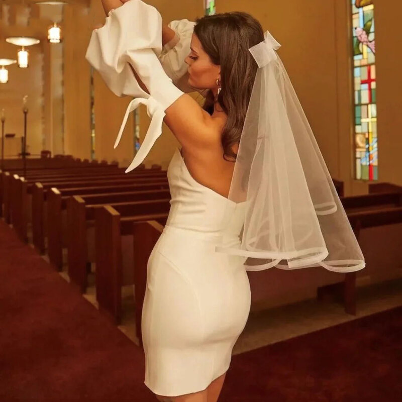 Elegante véu branco de casamento para mulheres, comprimento curto do ombro, véu nupcial, acessórios do casamento para noiva, casamento