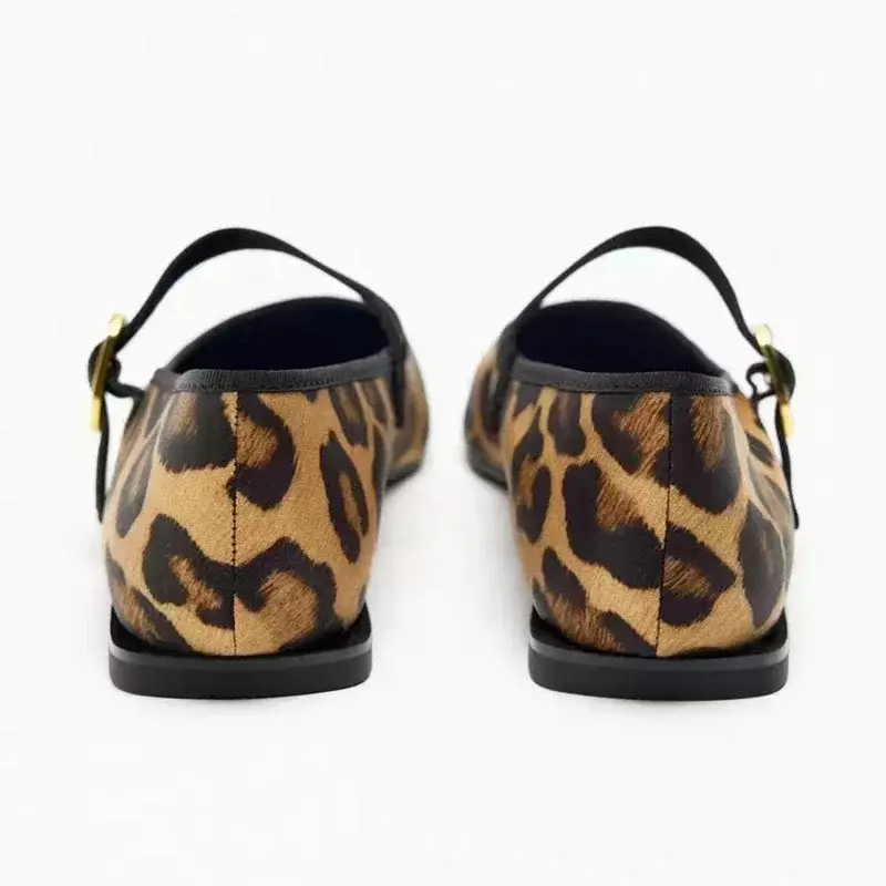 Cabeça quadrada boca rasa sapatos únicos para mulheres, salto baixo, estampa de leopardo, animal print, sapatilha plana, novo, 2024