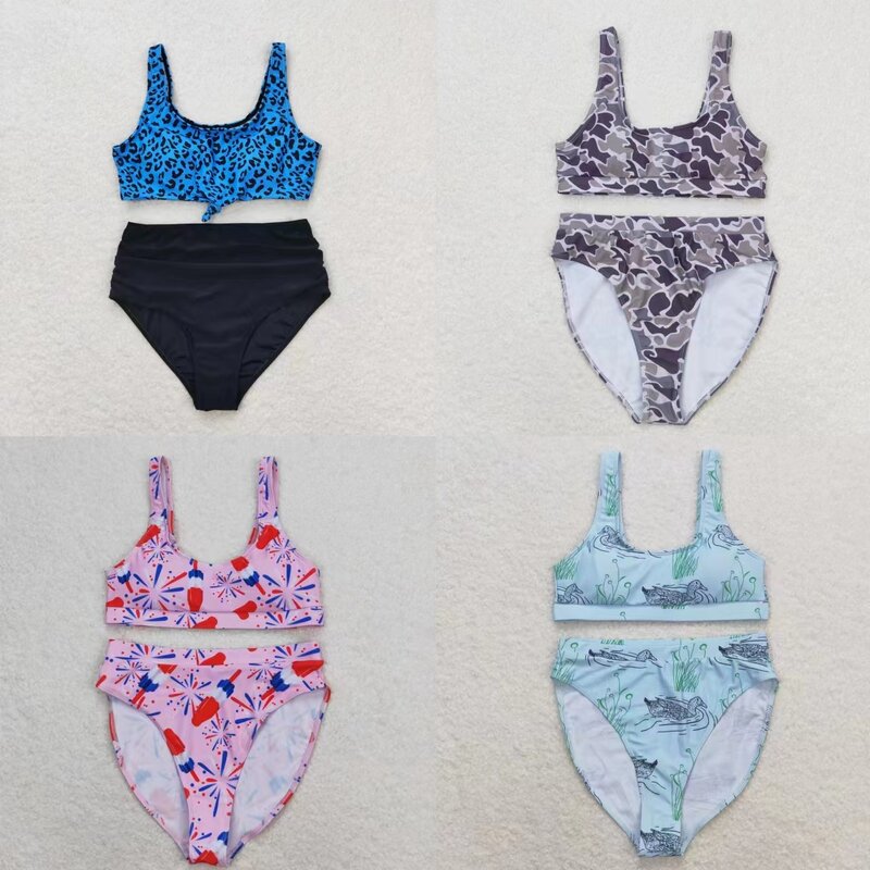 Verão das mulheres sem mangas Shorts Swimsuit Set, patos Camo Leopard maiô, Swimwear adulto, atacado, 2 pcs