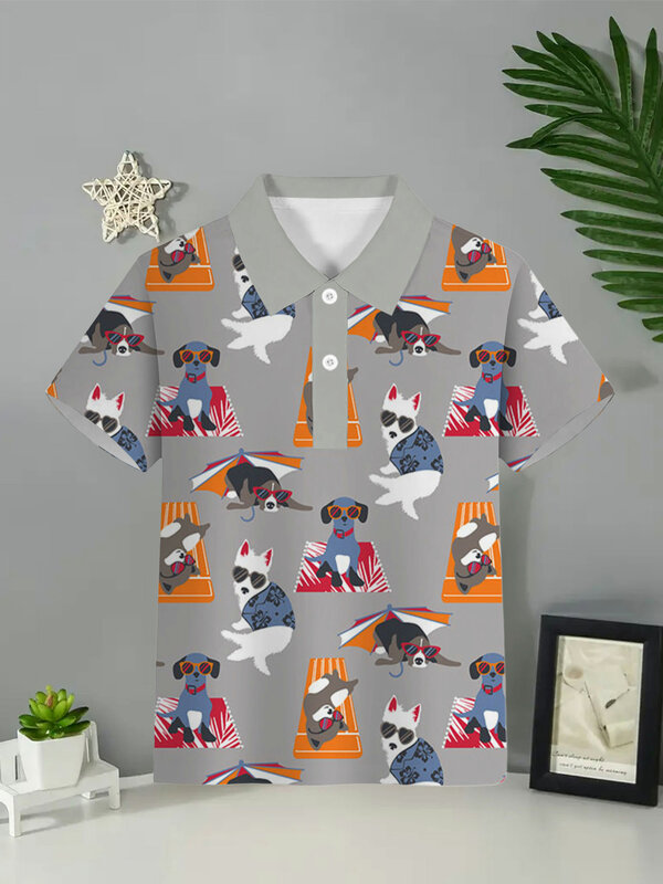 Impressão a cores infantil Camisas Polo, moda Harajuku, blusa manga curta, camisa casual dos desenhos animados, roupas de menino