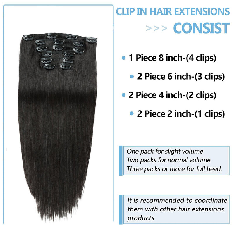 Extensiones de cabello humano liso para mujer, cabello Real de doble trama sin costuras, Color negro, #1, 22-24 pulgadas, 100g por juego