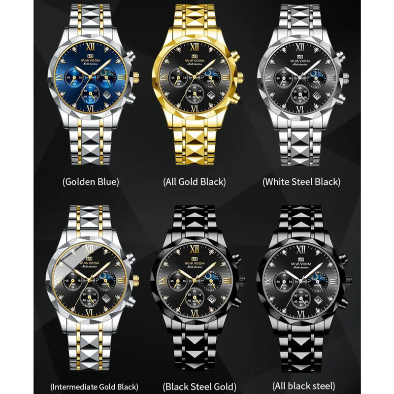 Relógio de quartzo impermeável de aço inoxidável masculino, marca de luxo, top, multifuncional, data, fase lunar, negócios, relógios masculinos