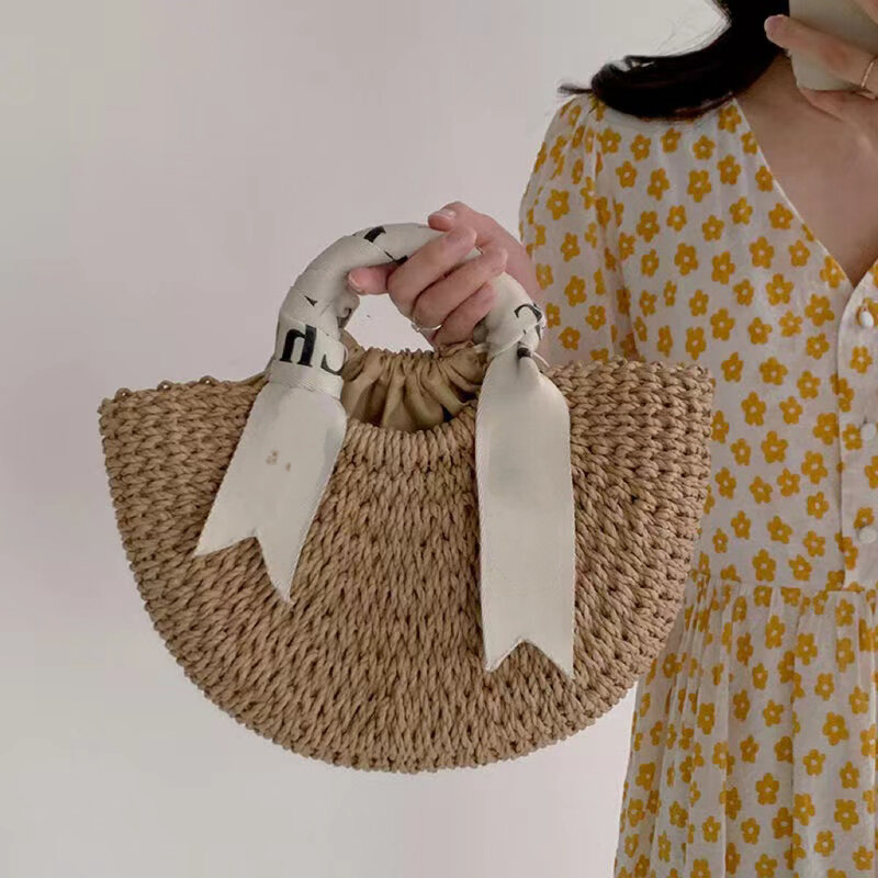 Bolso de bufanda con estampado de alfabeto para mujer, bolso de paja tejido de medio círculo versátil, bolso de playa