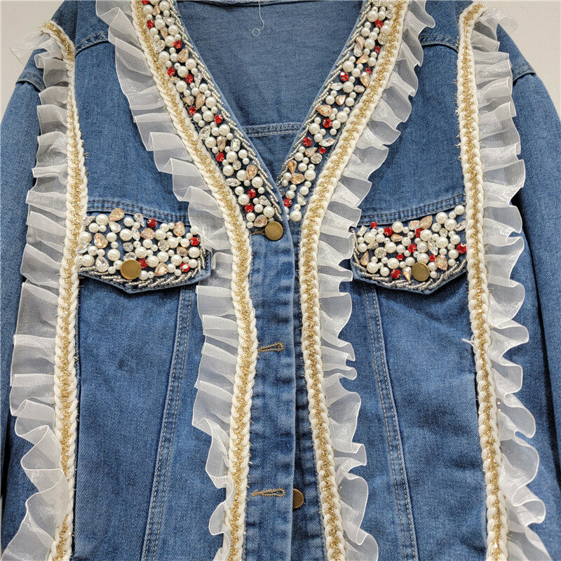 2024 Spring New Heavy Industry Colorful Crystals Wooden Ear Lacework Stitching Loose Long Sleeve Fashion Denim Jacket Coat Women