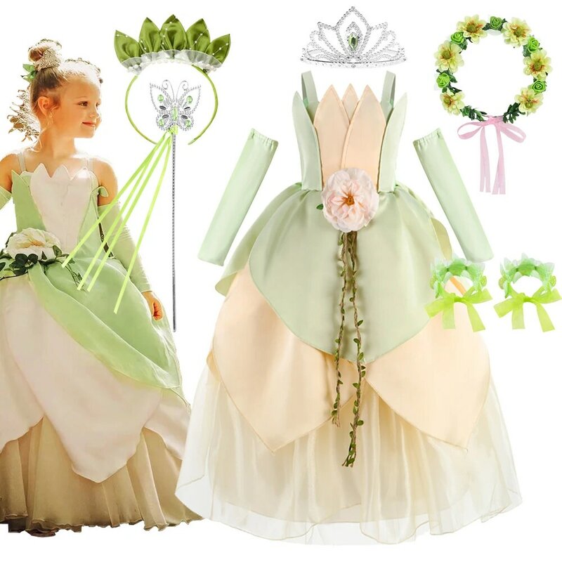 Ragazze Tiana Dress Up Evening Party Green The Princess and the Frog Ball Gown Fancy Fairy Birthday Fluffy Dresses