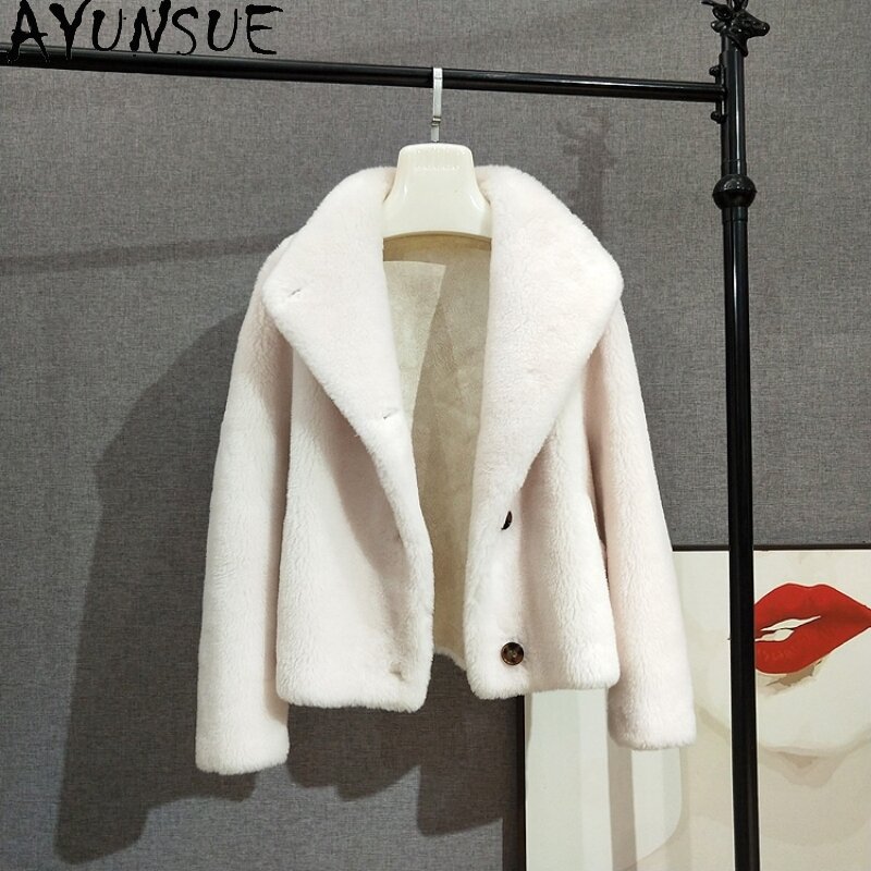 AYUNSUE 여성용 100% 울 재킷, 2023 리얼 울 모피 짧은 코트, 여성 따뜻한 스타일, 스탠드 칼라 재킷 파카, 가을 겨울