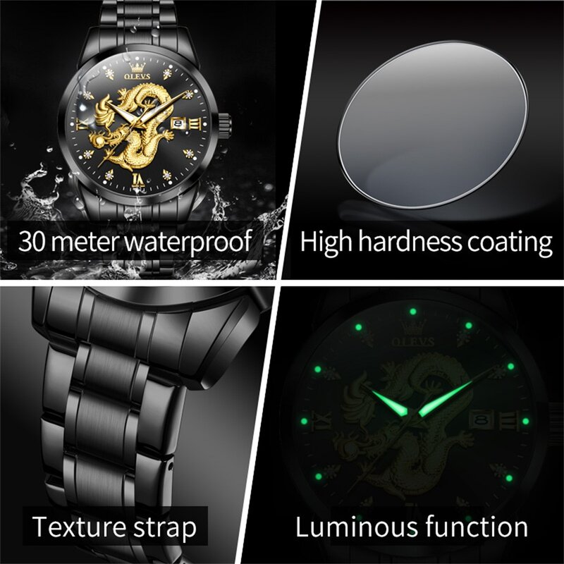 OLEVS-Relógio Dragão 3D Masculino, Aço Inoxidável, Impermeável, Luminoso, Data Automática, Relógio de Pulso, Relógios Quartz Originais Masculinos, Marca de Luxo