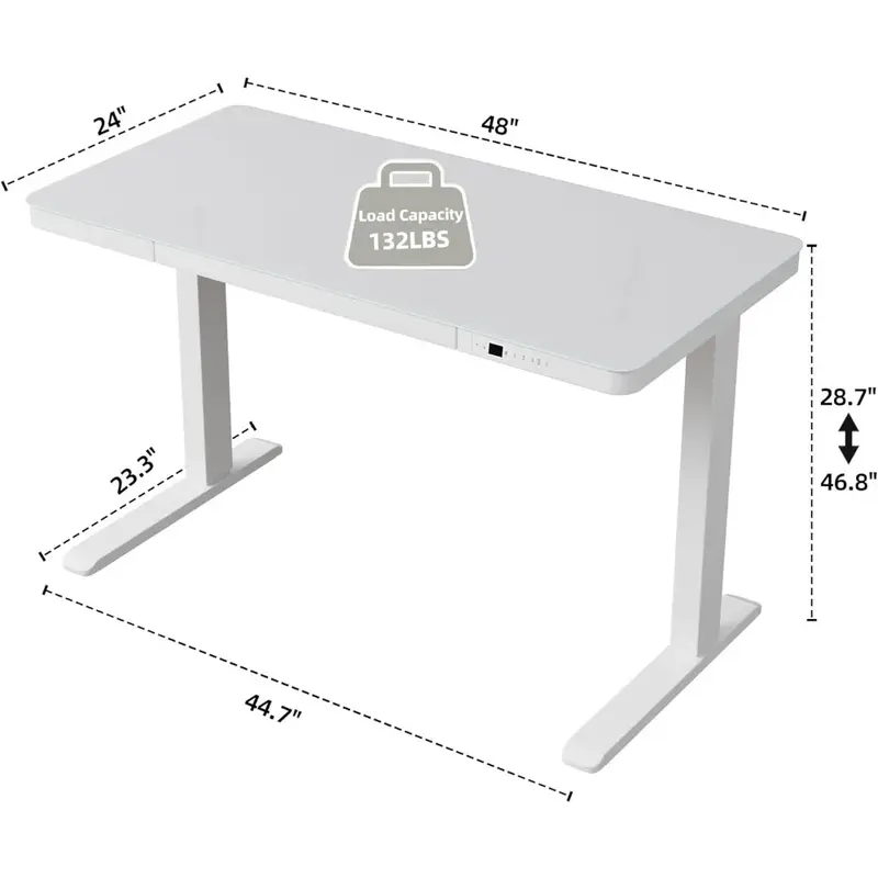 Acrolix 서랍이 있는 스탠딩 데스크, 높이 조절 가능 스탠드업 데스크, USB 포트가 있는 흰색 유리 탑, 48x24 인치